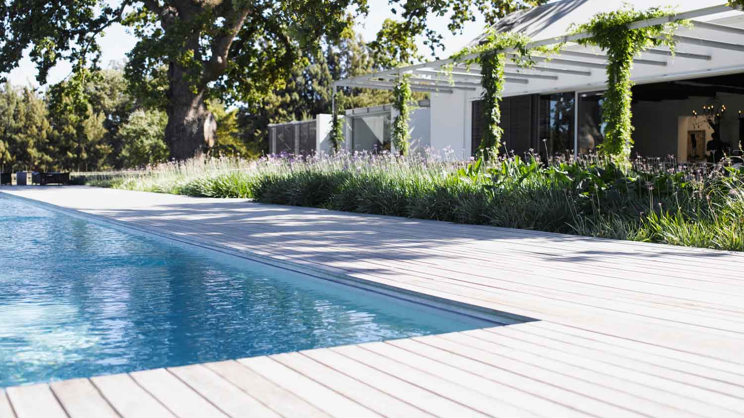 A wooden deck pool