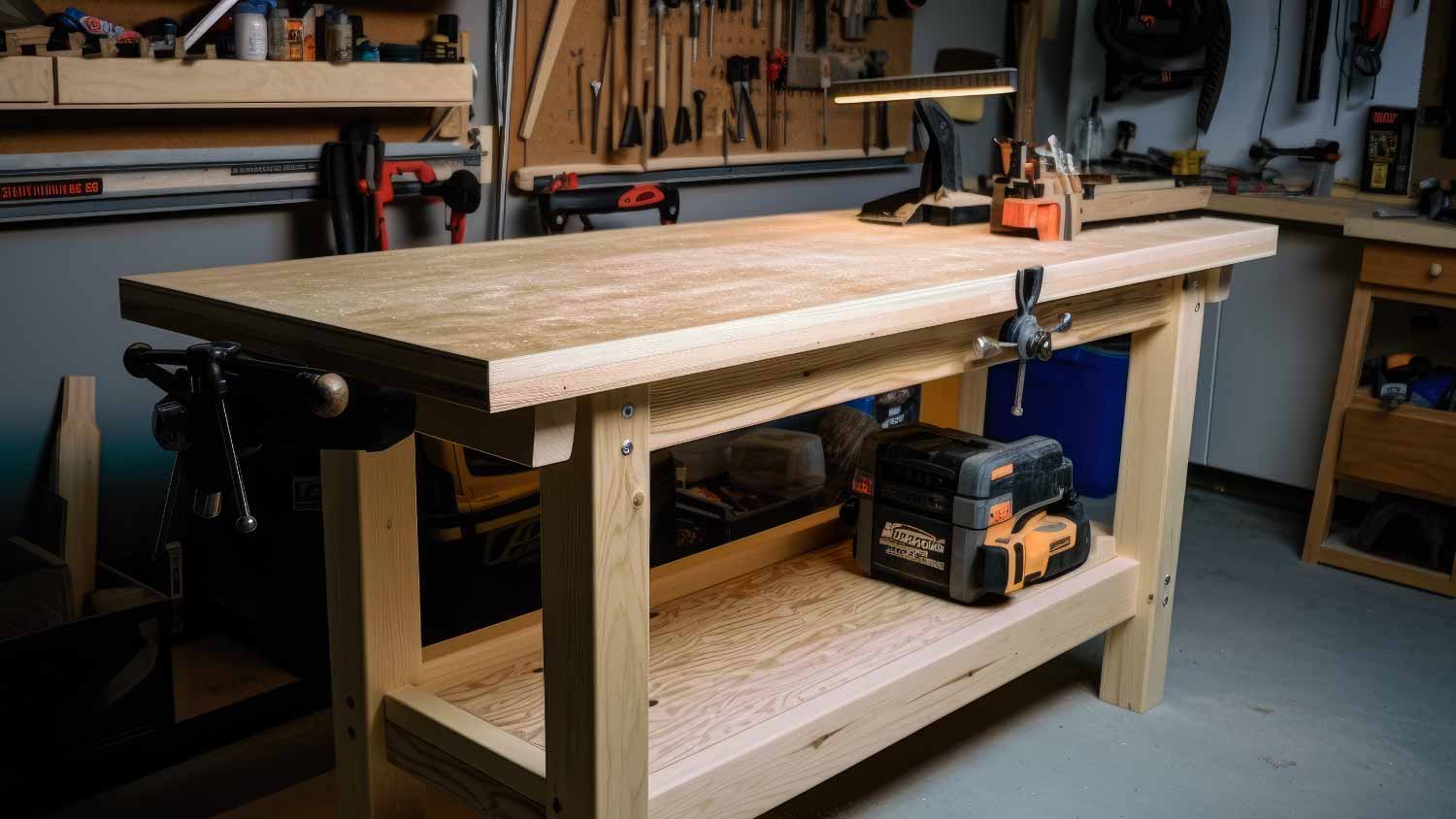 A wooden table inside of a workshop