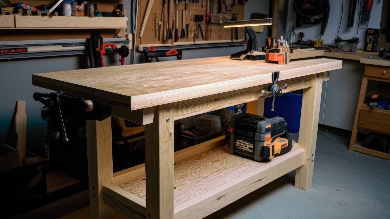 A wooden table inside of a workshop 