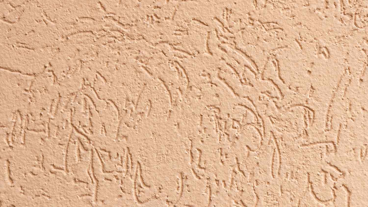Tan colored wall with a worm stucco finish