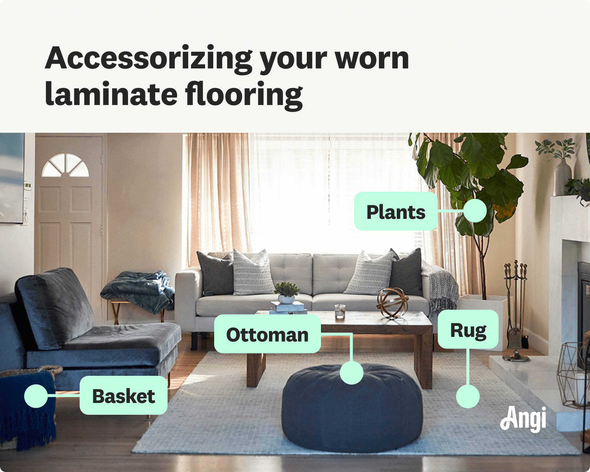 4 worn laminate flooring accessories, including plants, ottoman, rug, and a basket