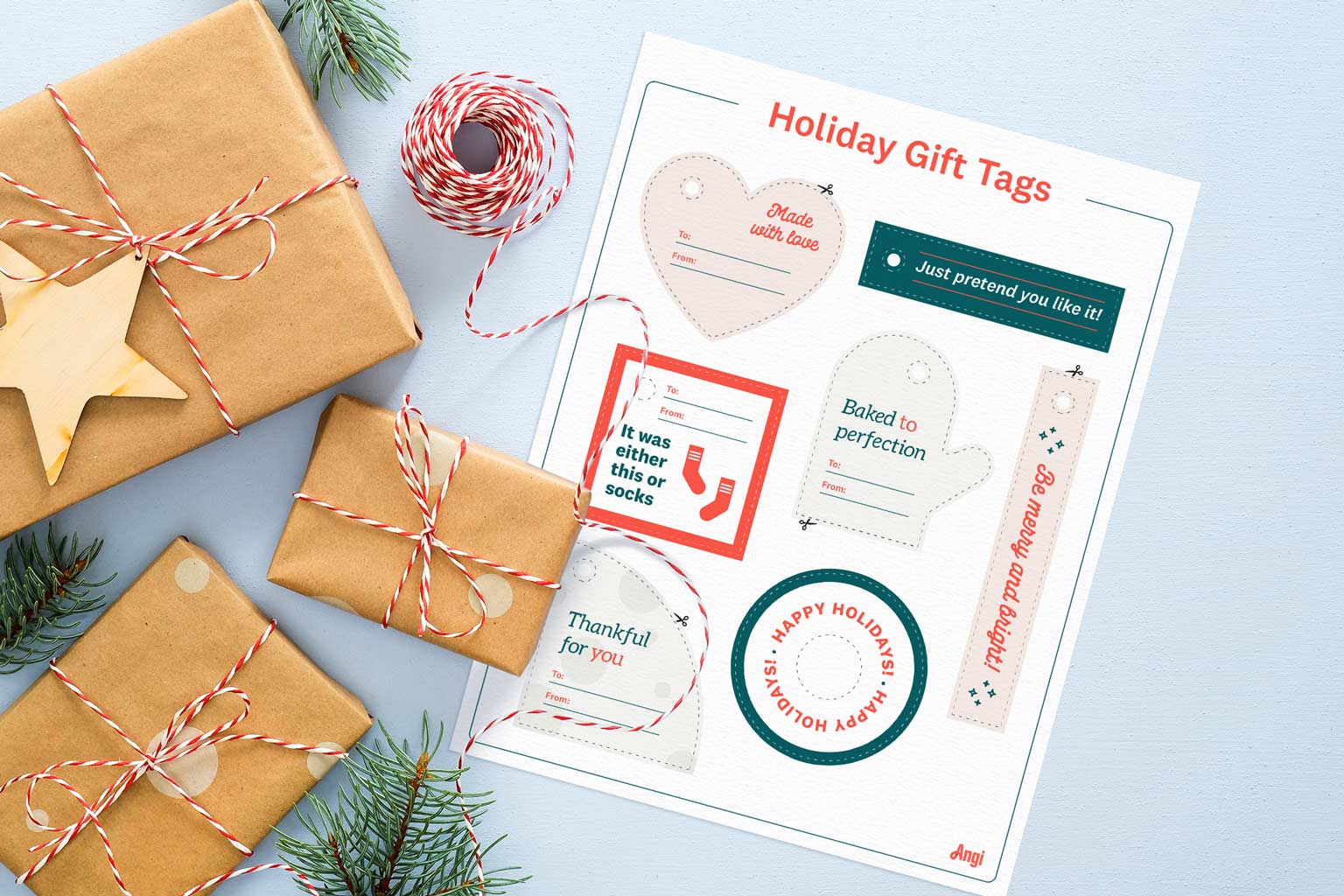 wrapped gifts and printable tags on table