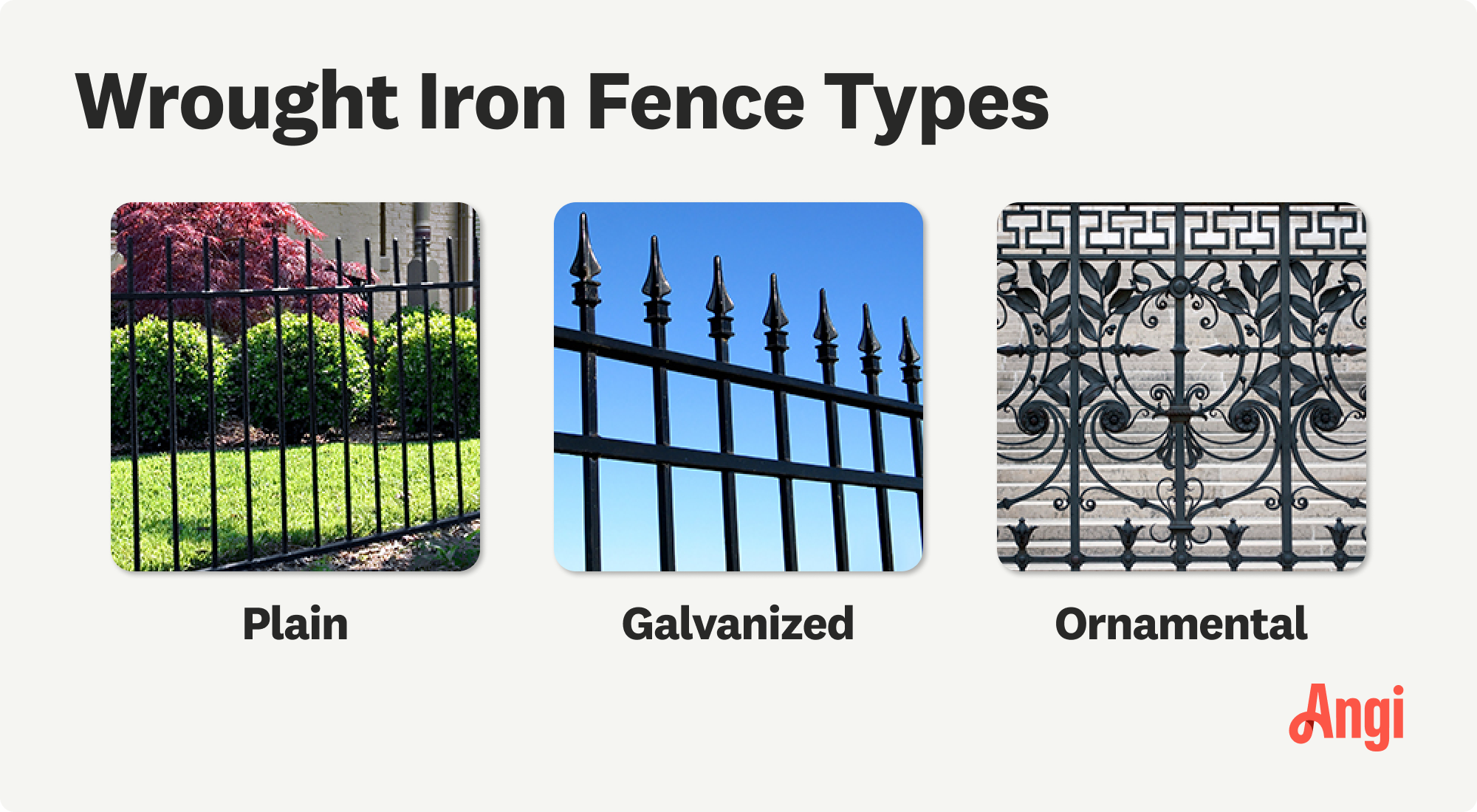 3 wrought iron fence types, including plain iron, galvanized, and ornamental
