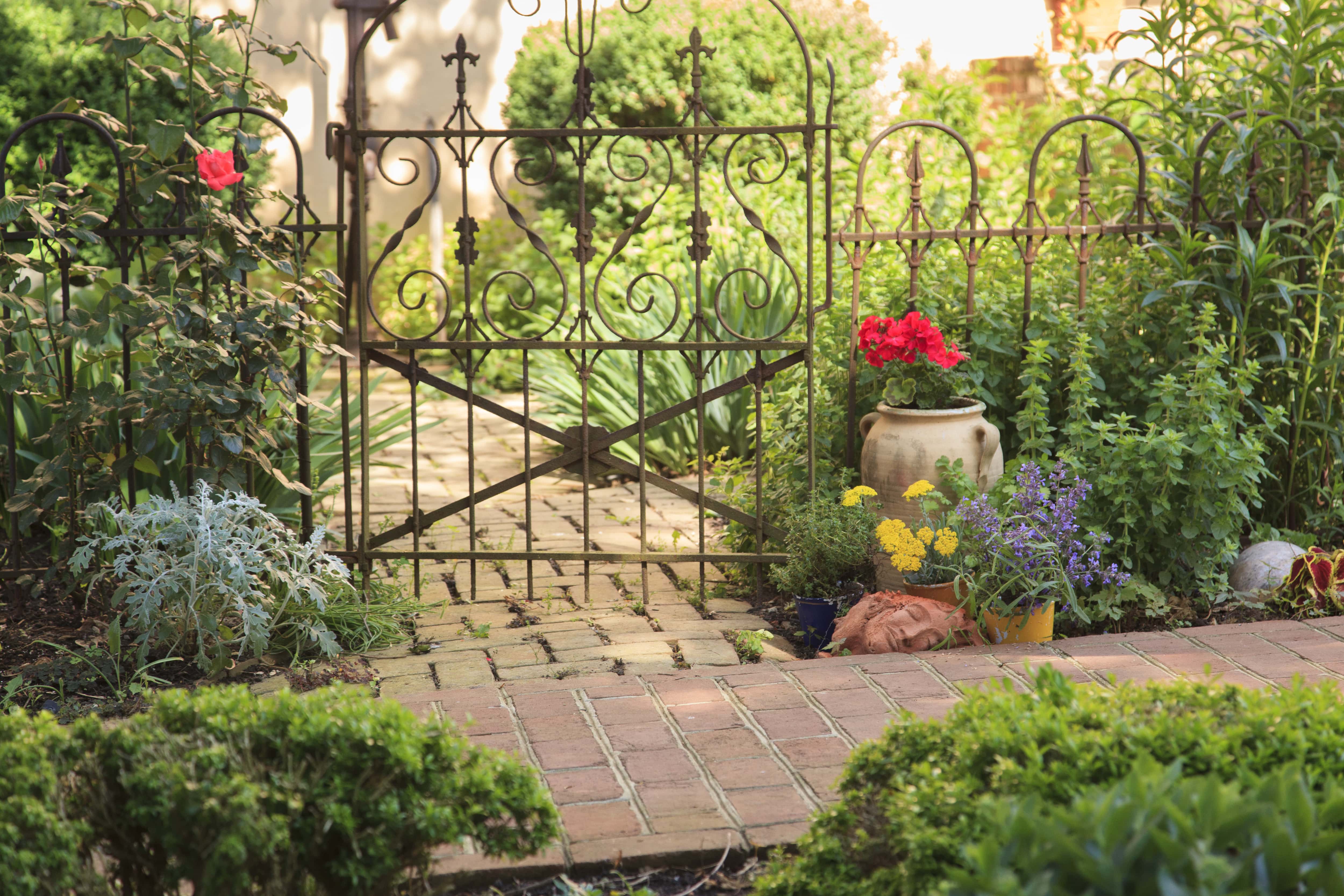 Wrought iron fence in garden