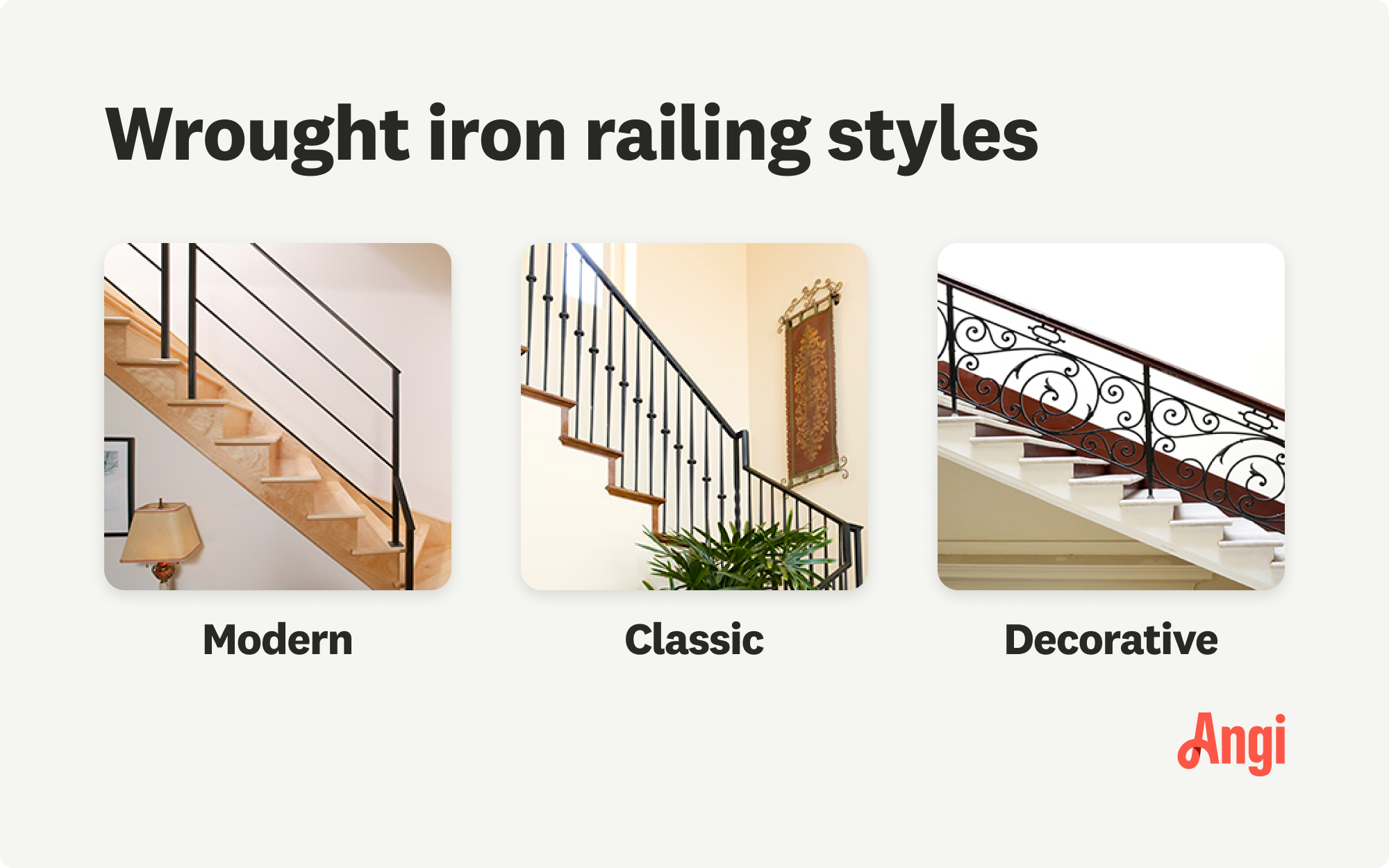 3 wrought iron railing styles compared visually, including modern and decorative