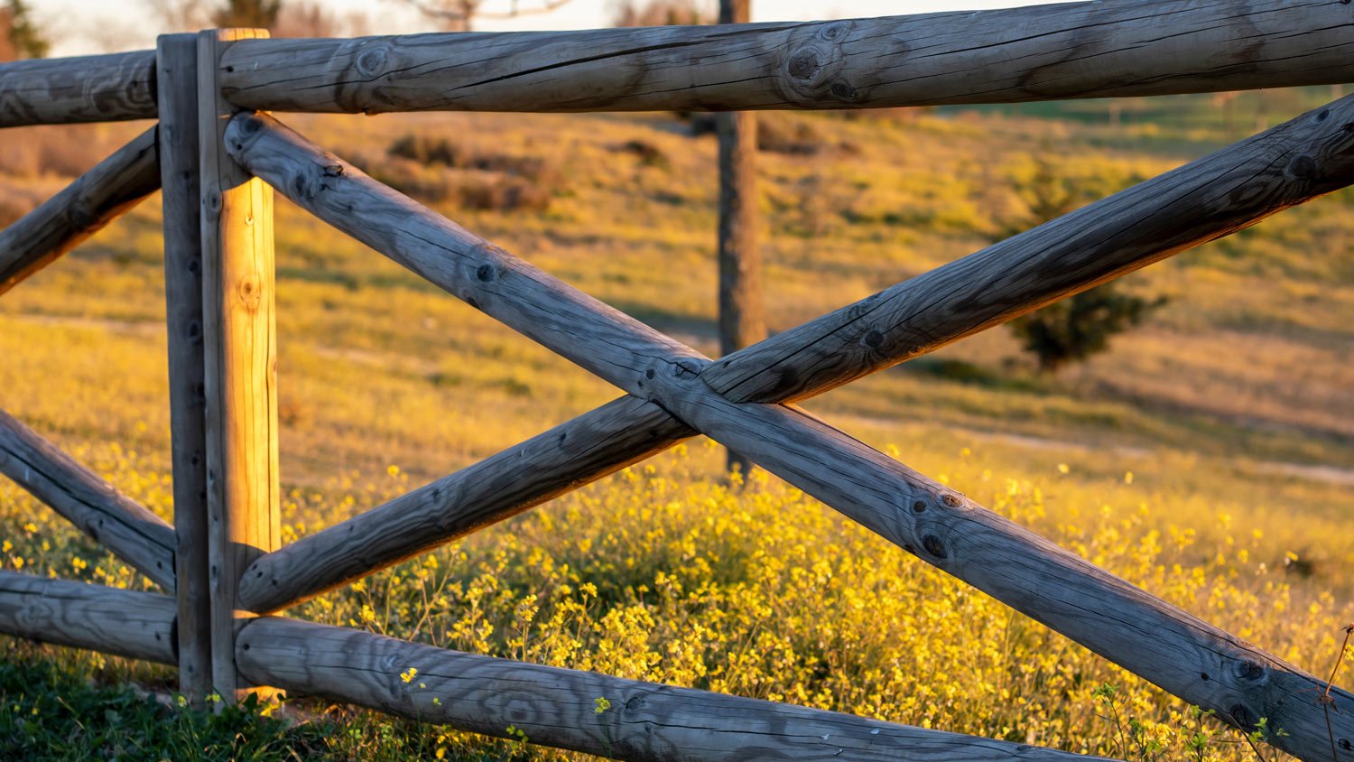 Wooden fence in the shape of an x at sunset