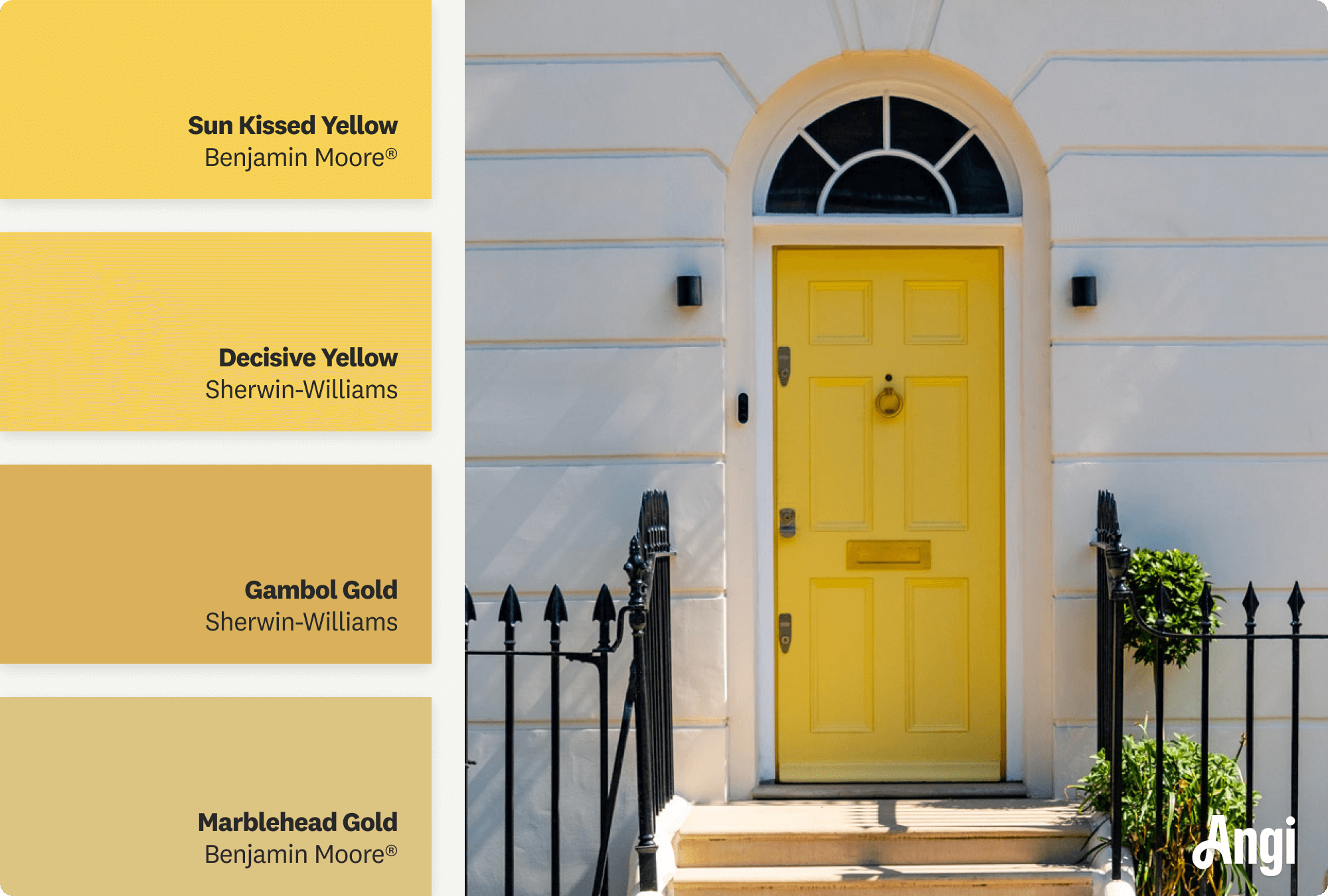 White house with yellow front door, including different tones of yellow paint