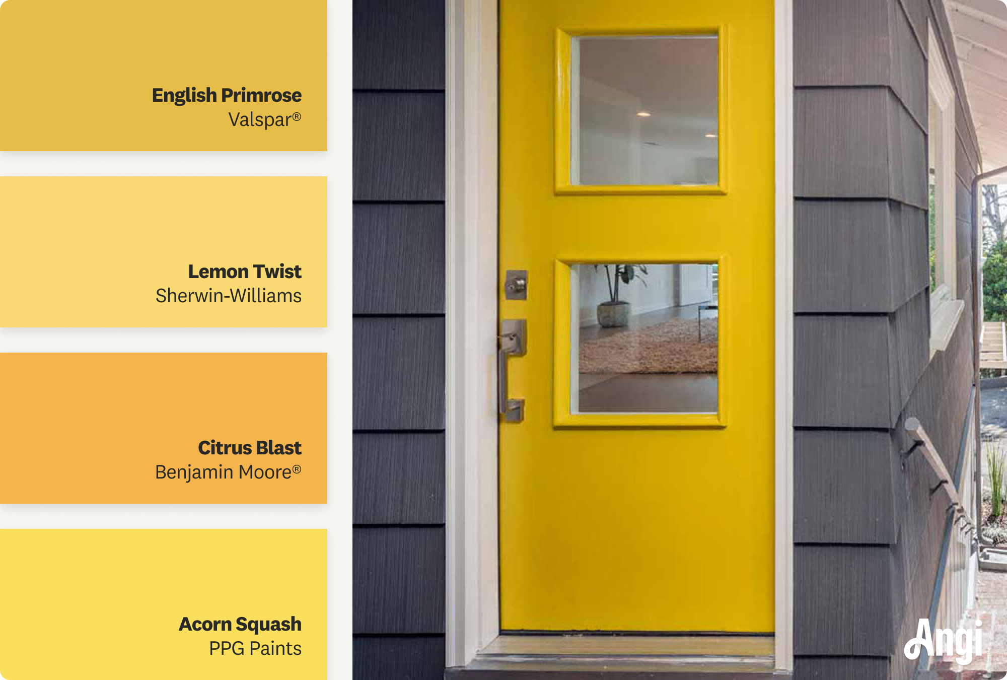 Gray house with yellow front door, including different tones of yellow paint