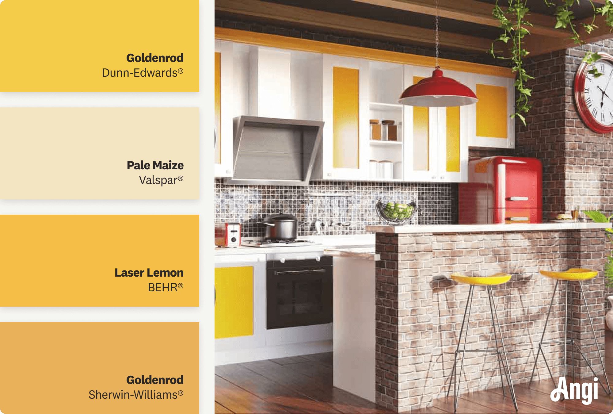 A modern kitchen with red brick wall and yellow cabinets, including different tones of yellow paint