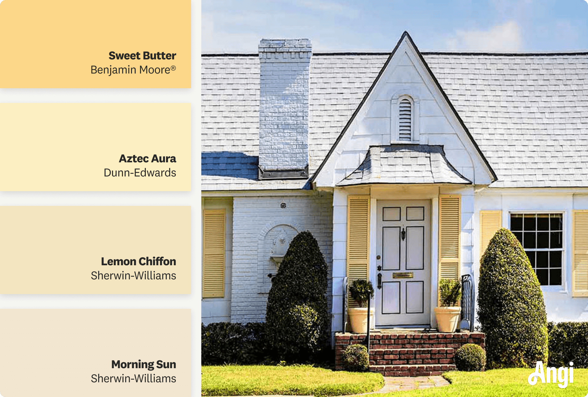 White cottage with yellow window shutters, including different tones of yellow paint