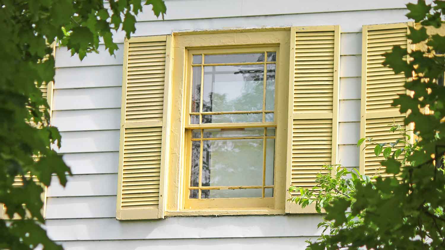 Closeup of a white house with yellow window shutters