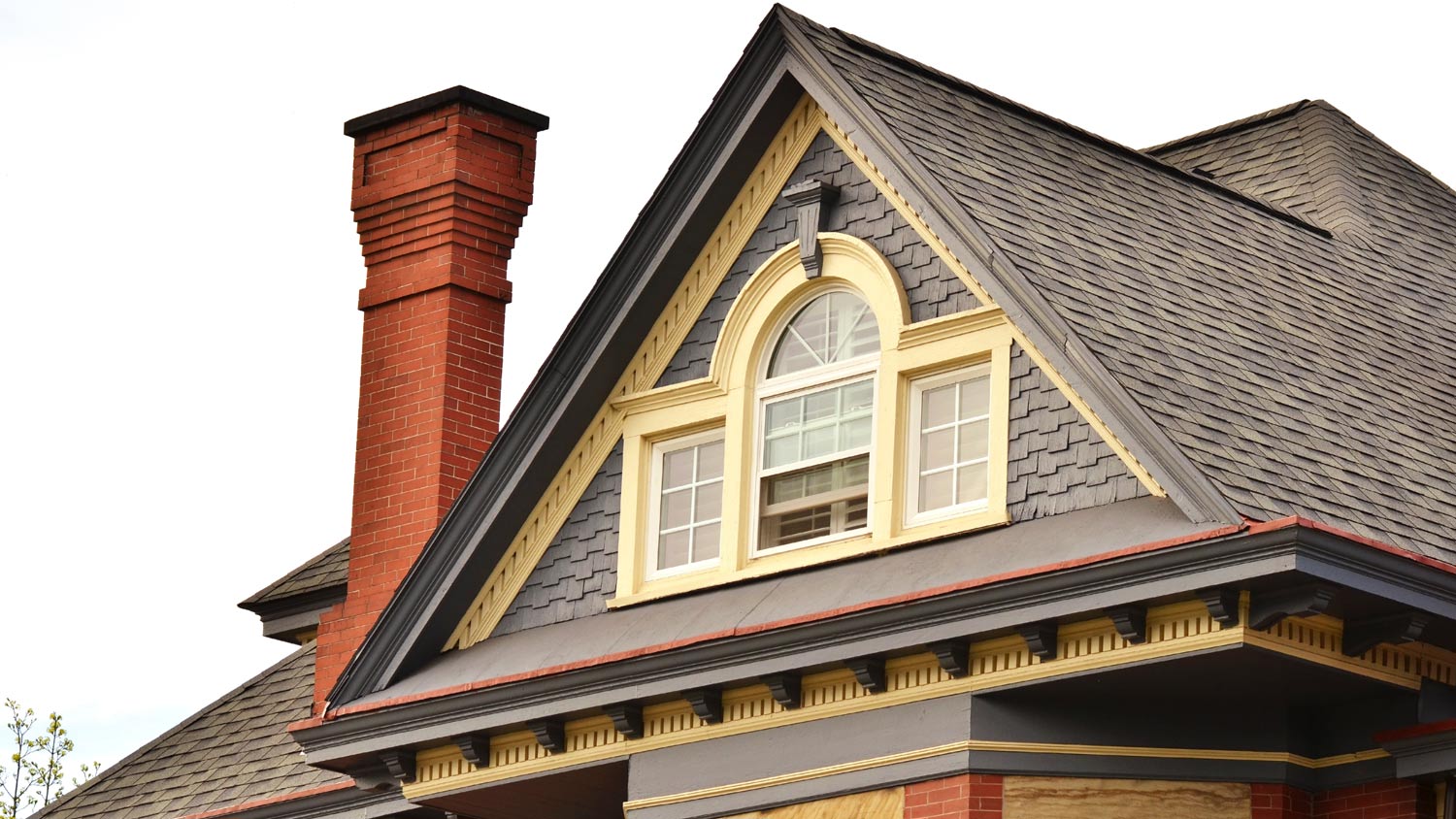 Beautiful detail of large renovated house in small town.