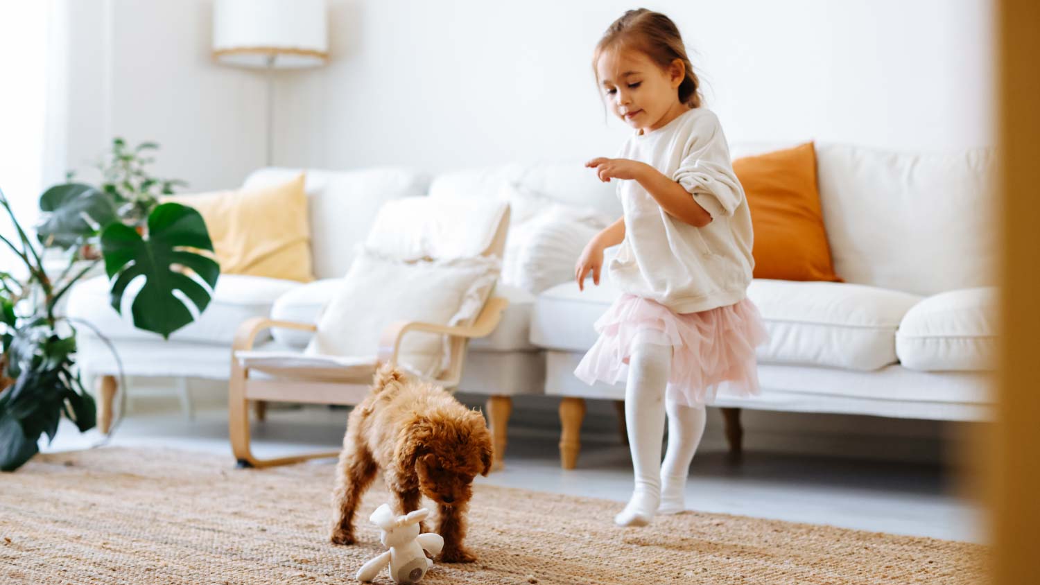 young girl playing with puppy