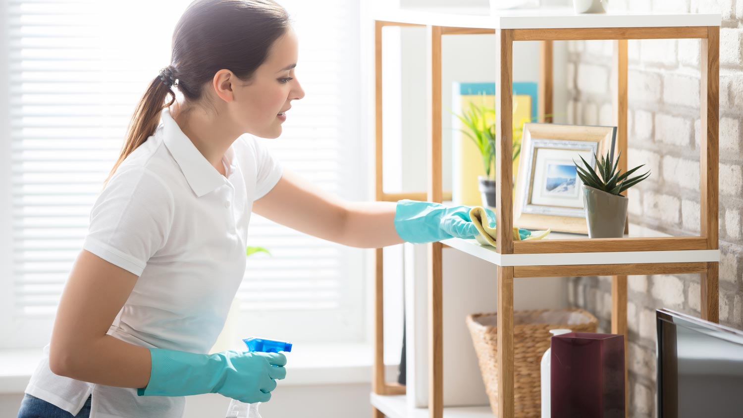 A young woman cleaning a room’s shelves