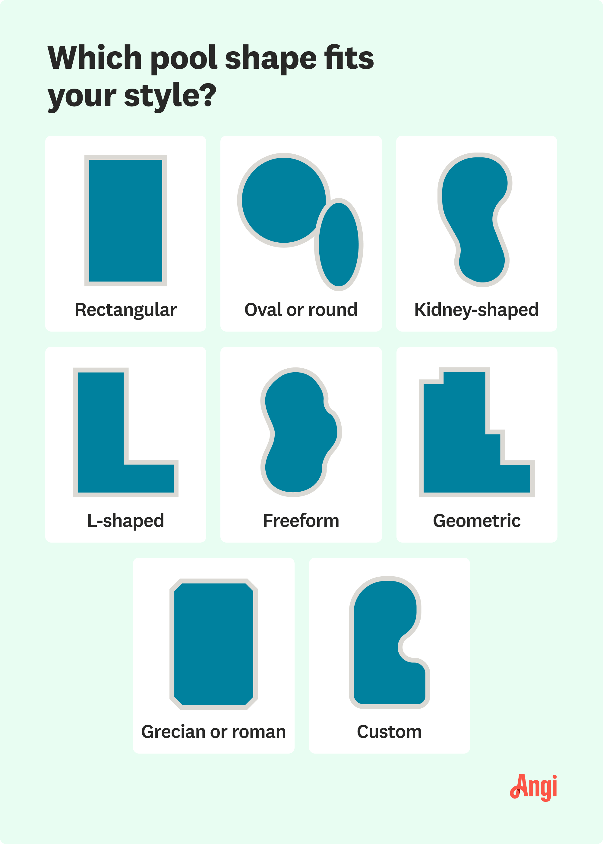 8 pool shapes illustrated and compared, including rectangular, kidney-shaped, and geometric