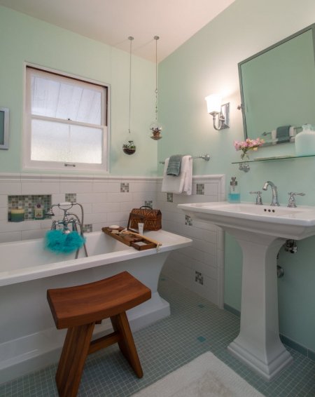 remodeled bathroom, wooden stool, bathtub