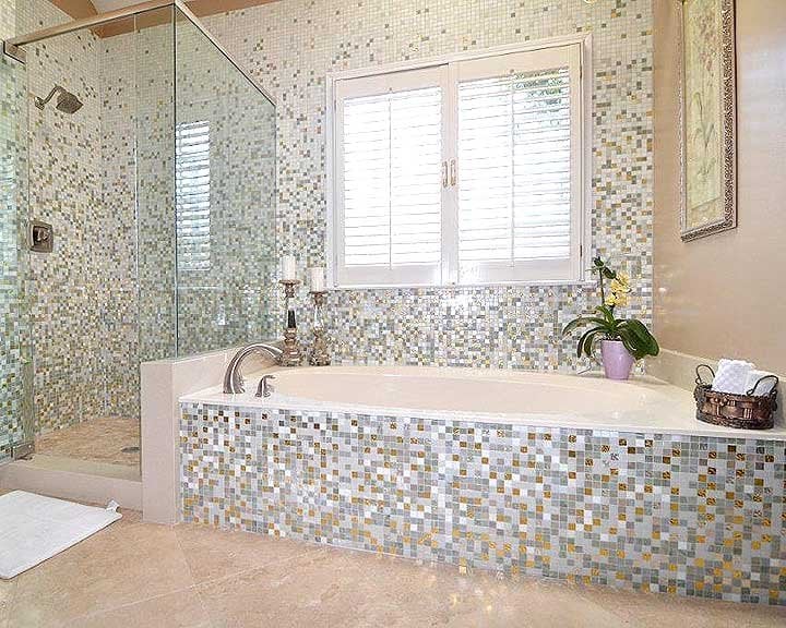 bathroom remodel with silver and gold mosaic tiles