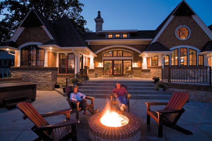 people relaxing by fire pit