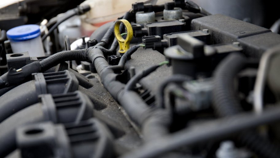 A car engine and dipstick