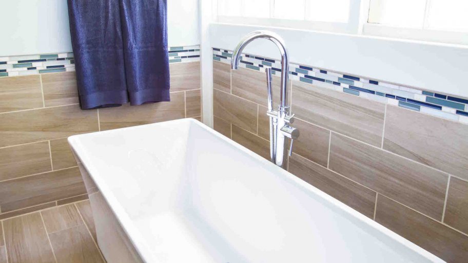 wood tile on bathroom walls